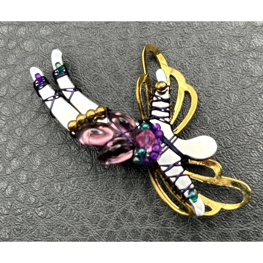 LizTech Dragonfly Brooch Pin Gold Tone Enamel Purple White Beads